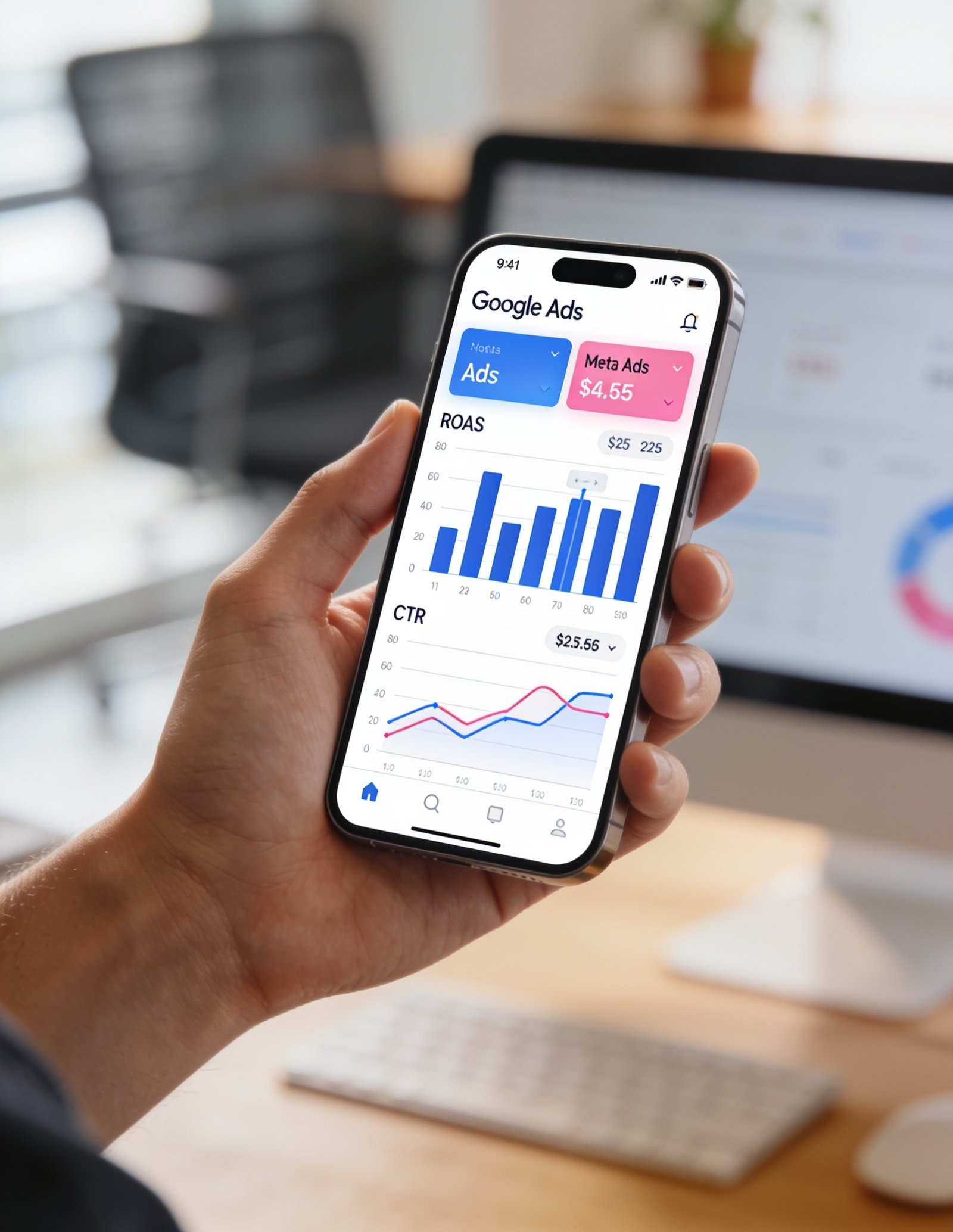 Métricas de campañas de Google Ads y Meta Ads en un iPhone